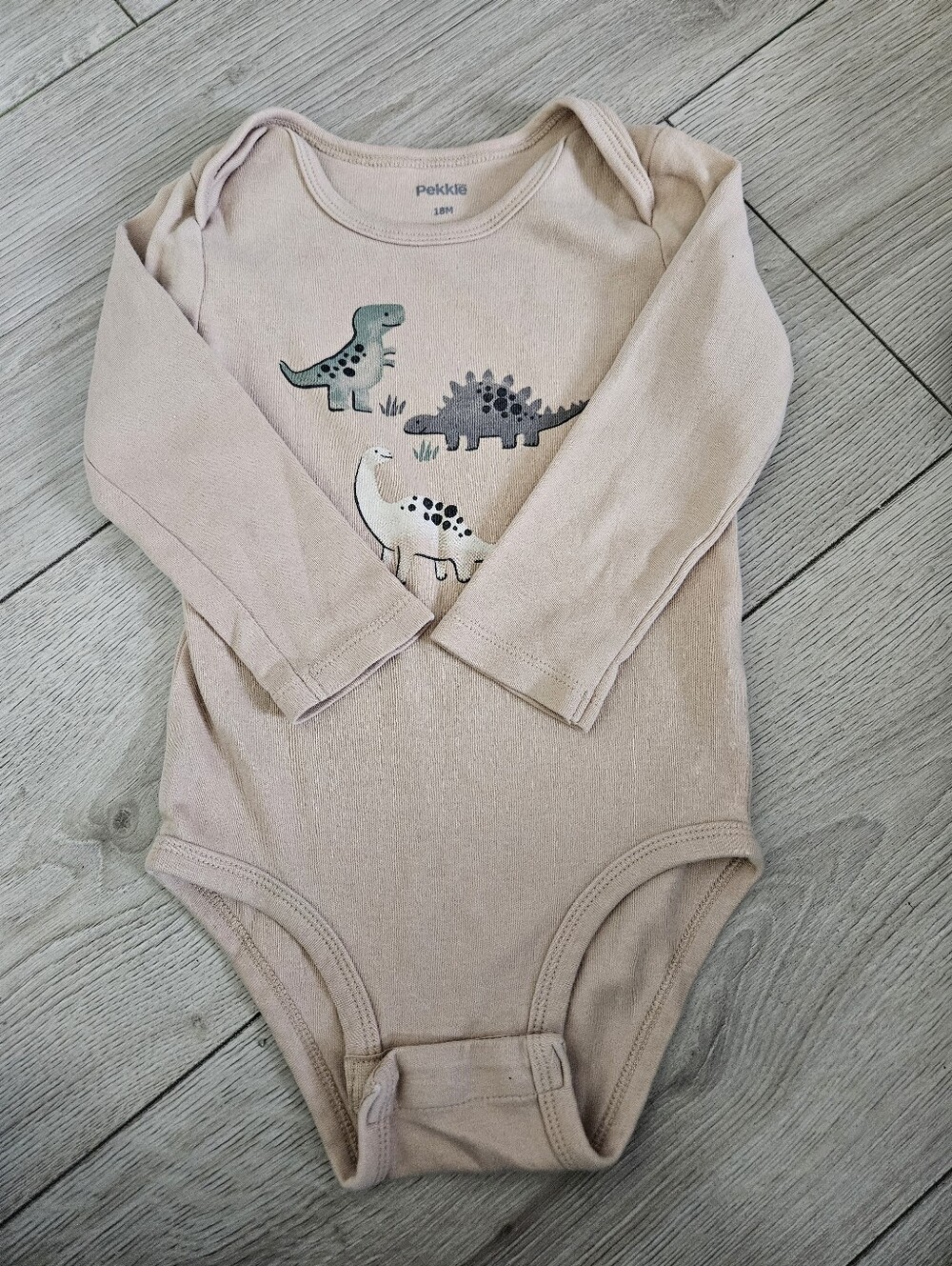 Pekkle Baby Boys Neutral Beige Dinosaur Long Sleeve Bodysuit Onesie Size 18M
